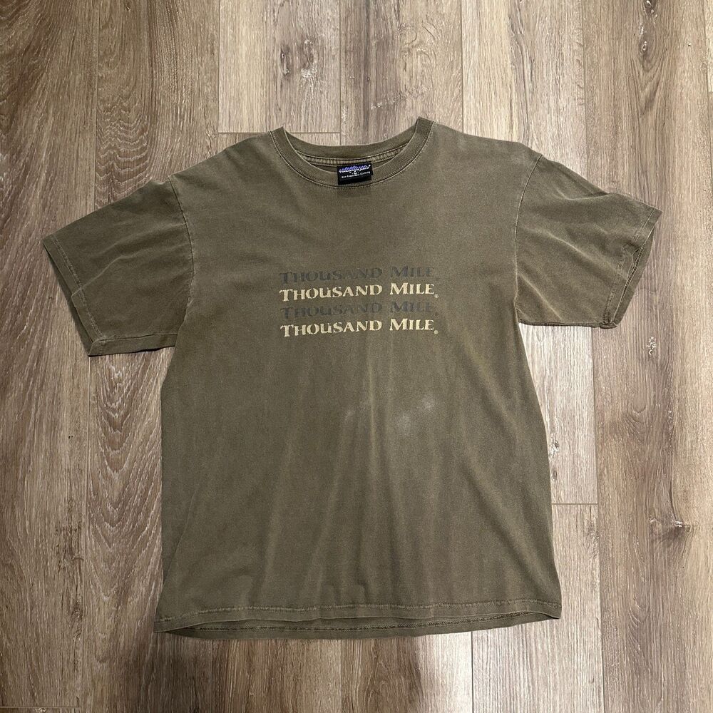 Vintage 90s Thousand Mile USA Faded Olive Sun Bleached Graphic T Shirt Sz Medium